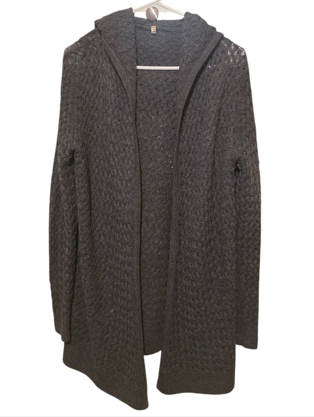 Muji Hooded Open-Front Honeycomb Knit Long Wool Cardigan Charcoal Gray M EUC